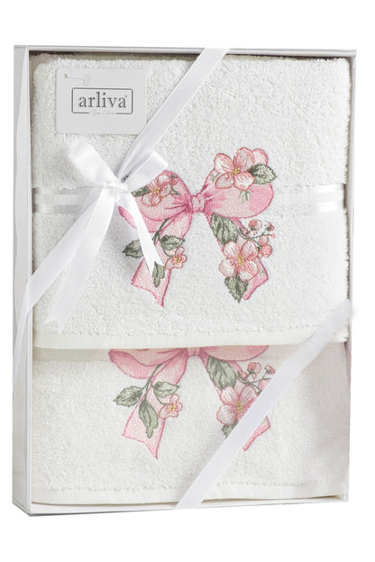 Arliva Havlu Set 50x85 70x140 2'li Bukle Nakışlı Çiçek Fiyonk