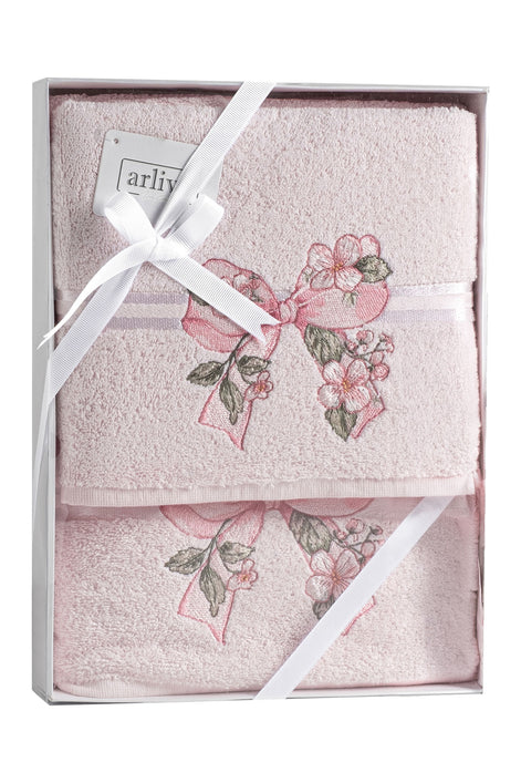 Arliva Havlu Set 50x85 70x140 2'li Bukle Nakışlı Çiçek Fiyonk