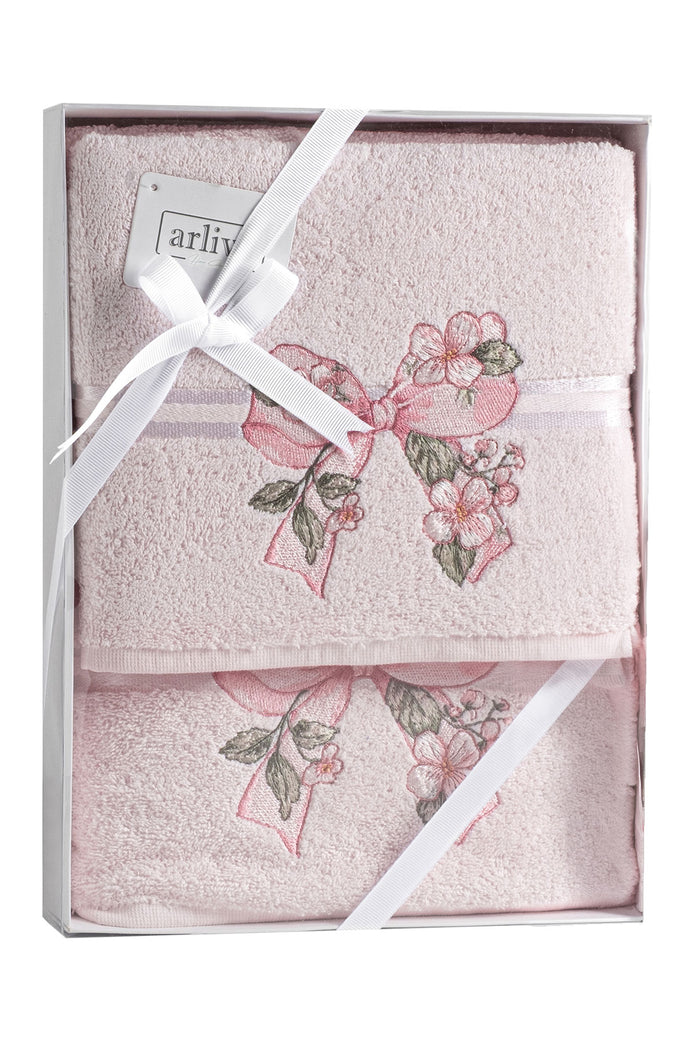 Arliva Havlu Set 50x85 70x140 2'li Bukle Nakışlı Çiçek Fiyonk
