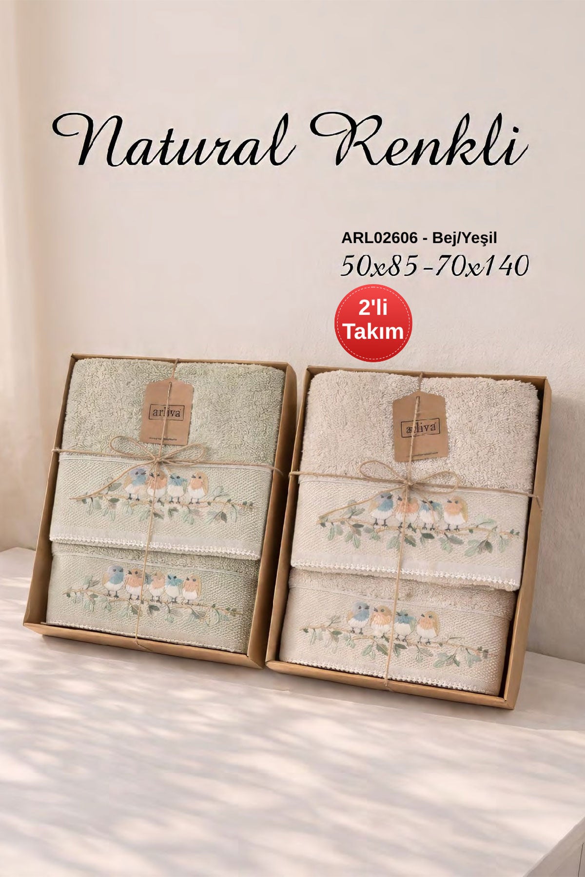 Arliva Havlu Set 50x85 70x140 2'li Bukle Nakışlı Natural Kuş Desenli