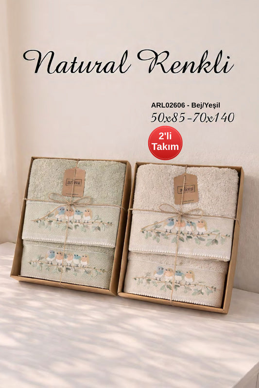 Arliva Havlu Set 50x85 70x140 2'li Bukle Nakışlı Natural Kuş Desenli