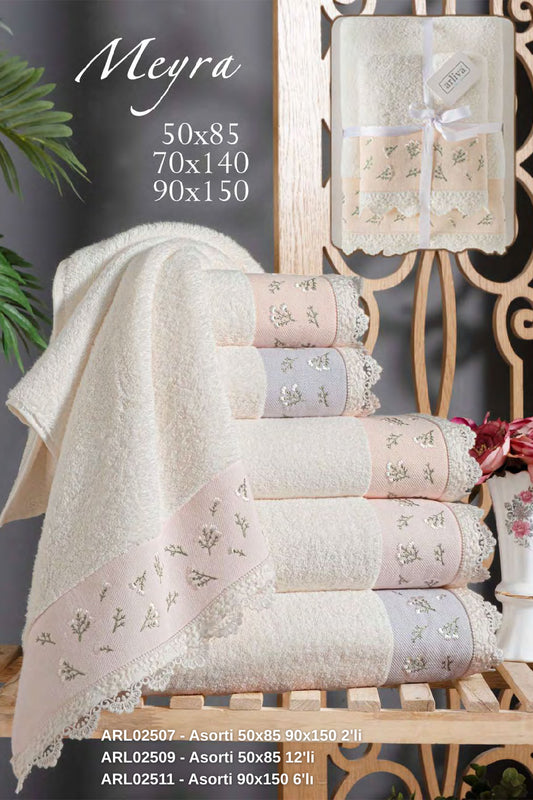 Arliva Havlu Set 50x85 90x150 2'li Bukle Nakışlı Dantelli Meyra