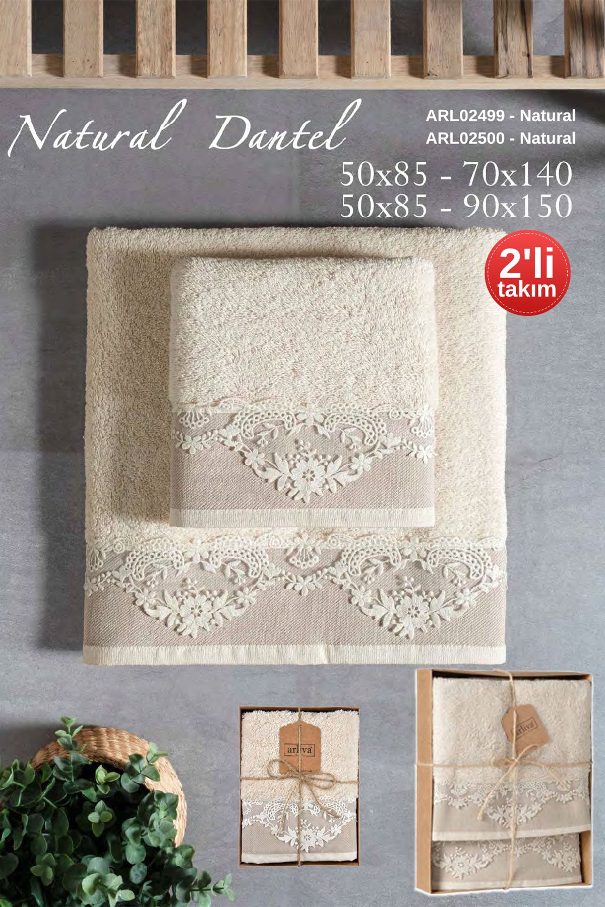 Arliva Havlu Set 50x85 90x150 2'li Bukle Nakışlı Dantelli Natural