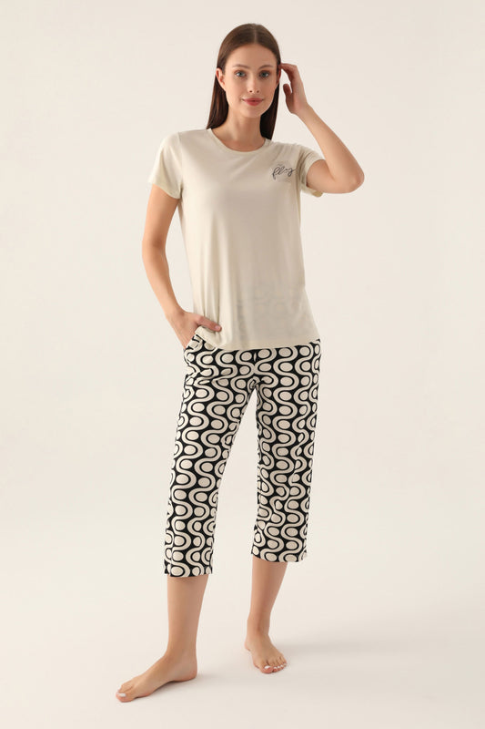 Arnetta Kadın Kapri Pijama Takımı Kısa Kollu Bisiklet Yaka Süprem