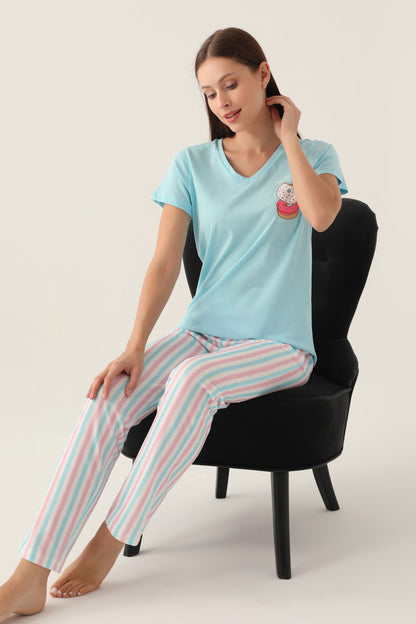 Arnetta Kadın Pijama Takımı Kısa Kollu V Yaka Süprem