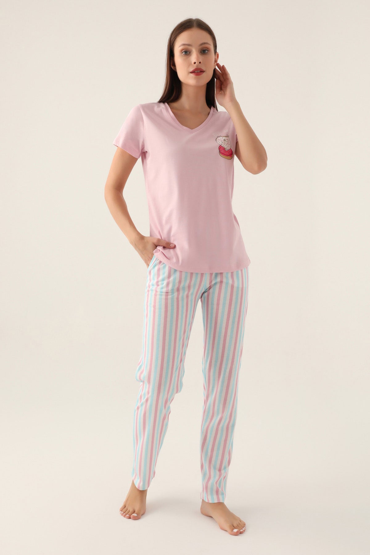 Arnetta Kadın Pijama Takımı Kısa Kollu V Yaka Süprem