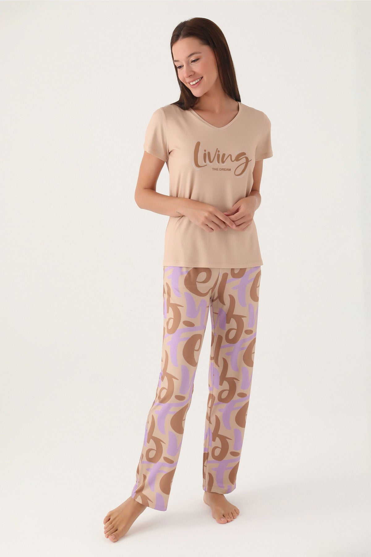 Arnetta Kadın Pijama Takımı Kısa Kollu V Yaka Süprem