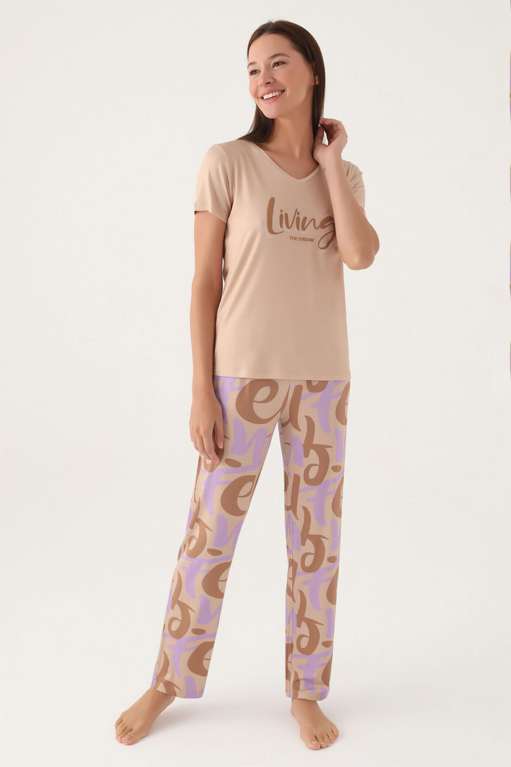 Arnetta Kadın Pijama Takımı Kısa Kollu V Yaka Süprem