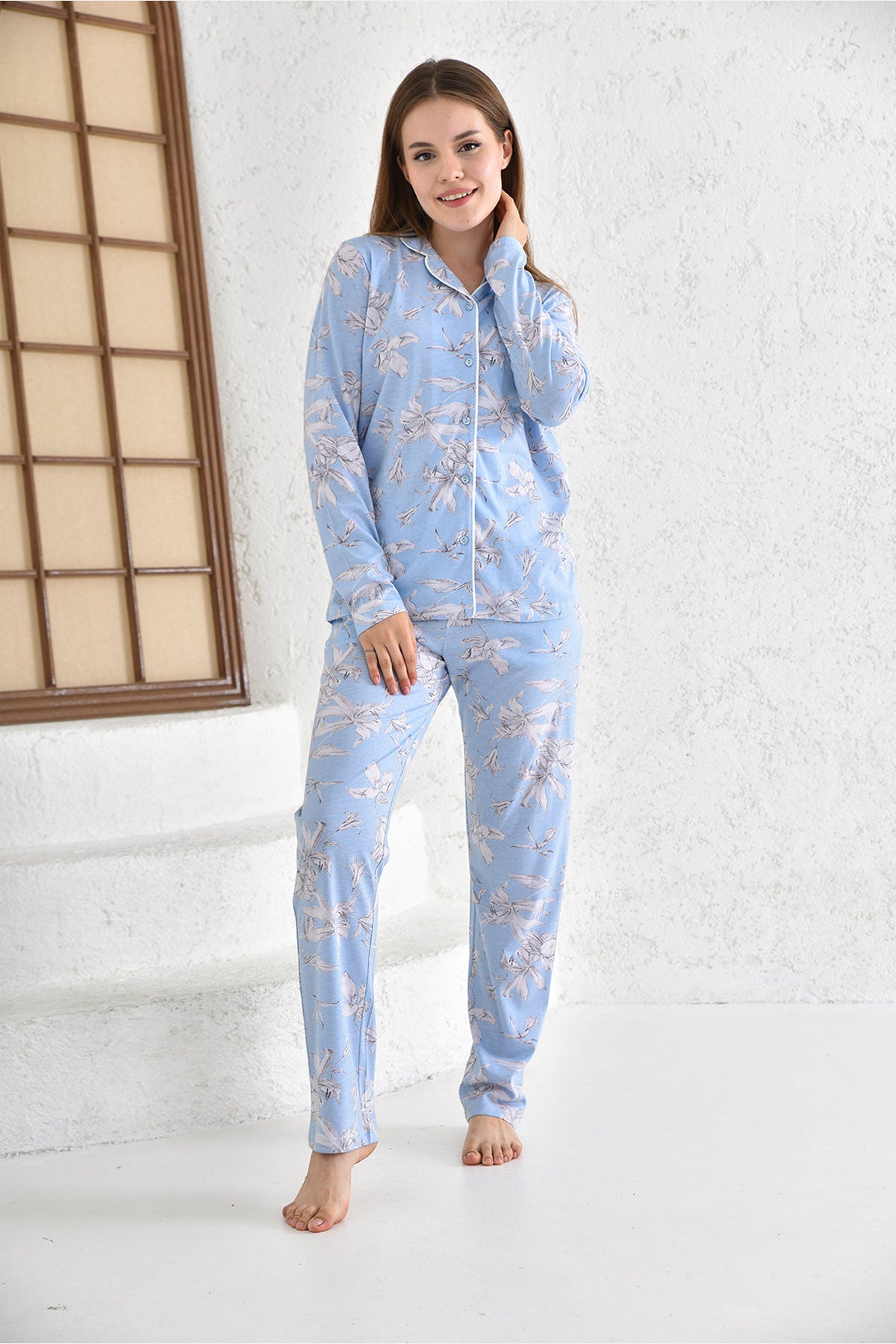 Arnetta Kadın Pijama Takımı Uzun Kollu Çiçek Desenli Süprem