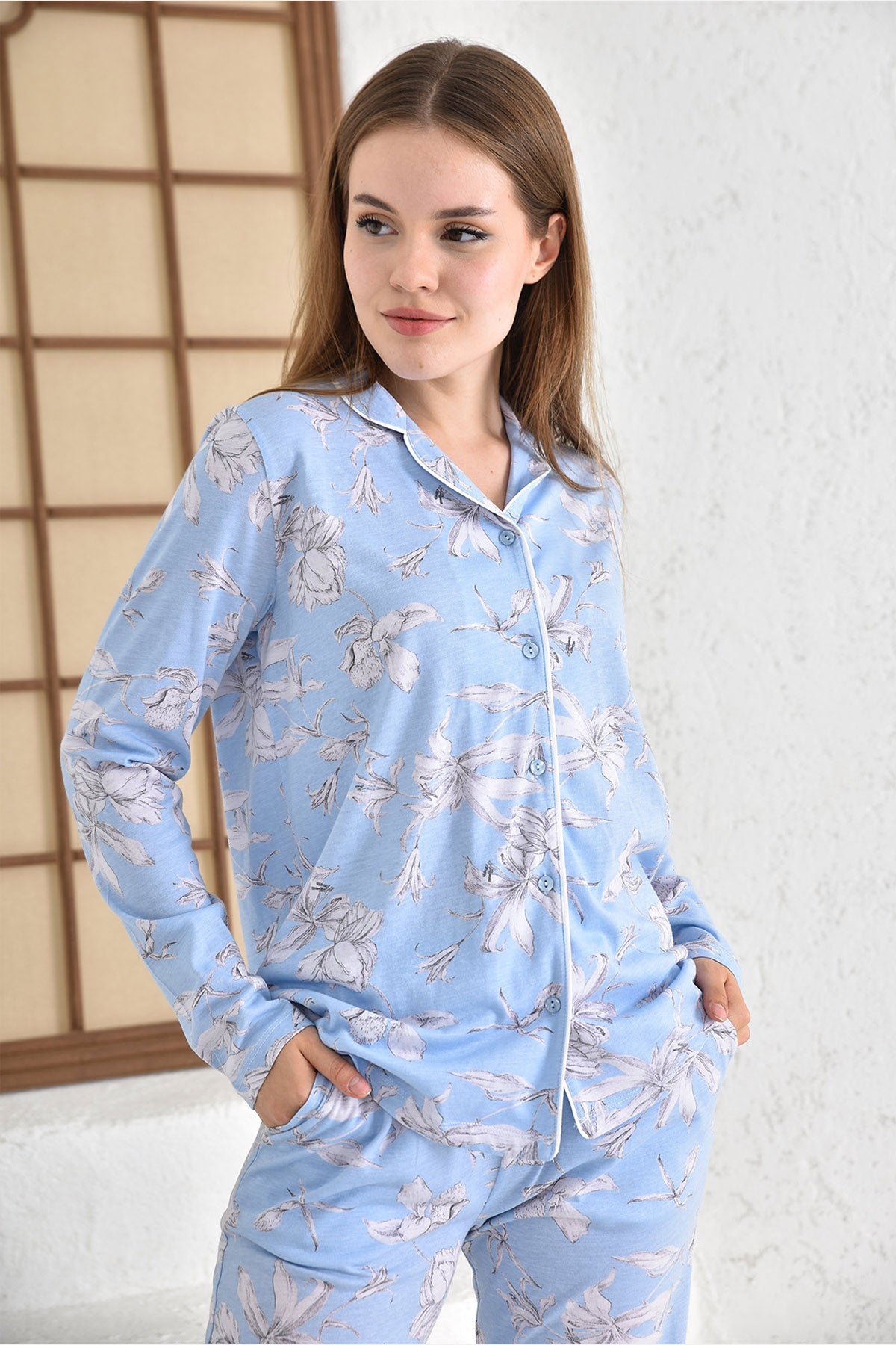 Arnetta Kadın Pijama Takımı Uzun Kollu Çiçek Desenli Süprem