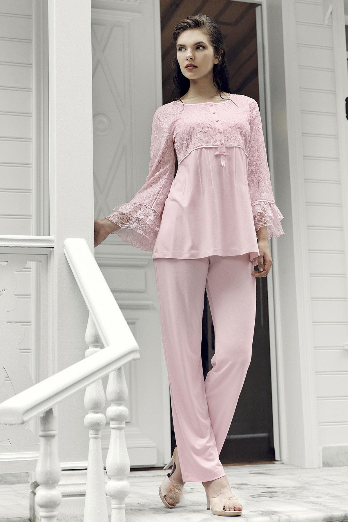 Artış Kadın 3'lü Pijama Takımı Dantelli Fiyonklu 5 Düğmeli