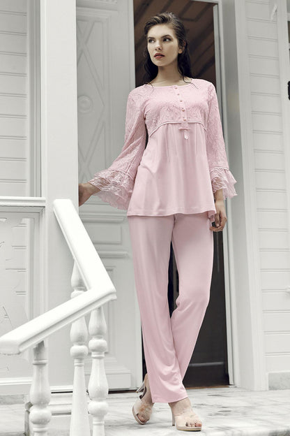 Artış Kadın 3'lü Pijama Takımı Dantelli Fiyonklu 5 Düğmeli