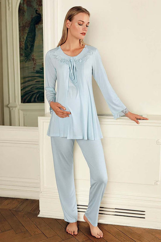 Artış Kadın Lohusa Pijama Takımı Uzun Kollu Yakası Dantelli