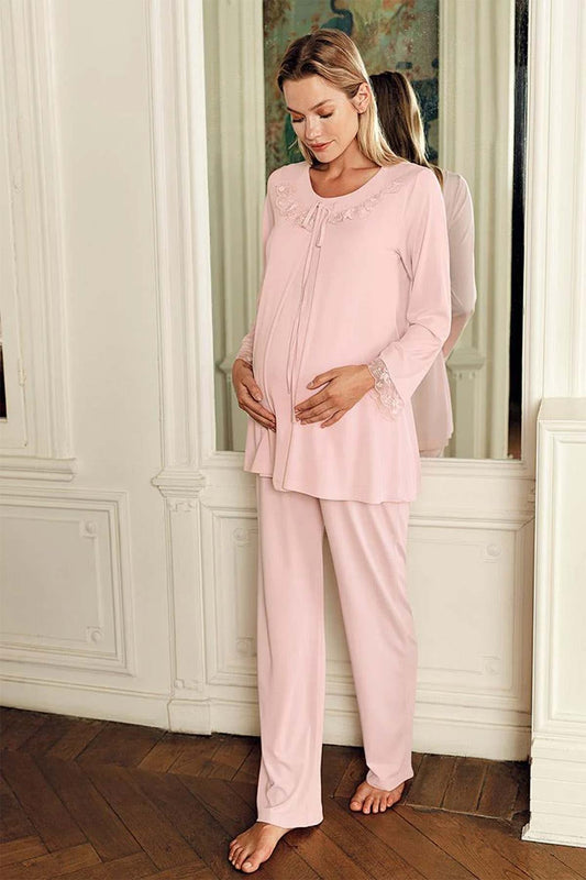 Artış Kadın Lohusa Pijama Takımı Uzun Kollu Yakası Dantelli
