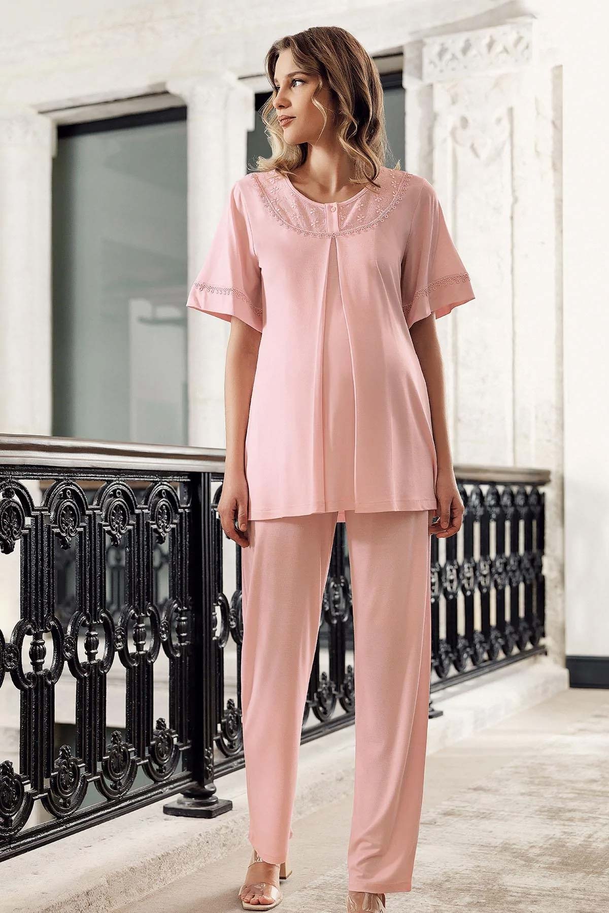 Artış Kadın Lohusa Pijama Takımı Uzun Kollu Yakası Dantelli