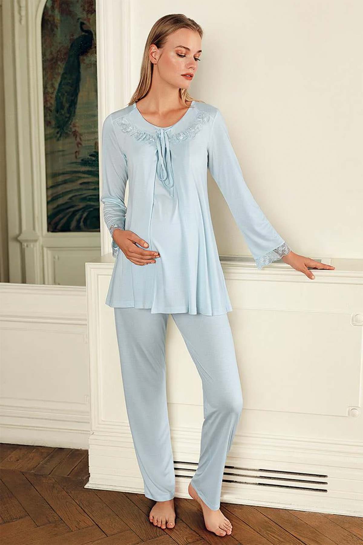 Artış Kadın Lohusa Pijama Takımı Uzun Kollu Yakası Dantelli