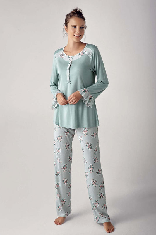 Artış Kadın Uzun Kollu Bisiklet Yaka Çiçek Desenli Pijama Takımı