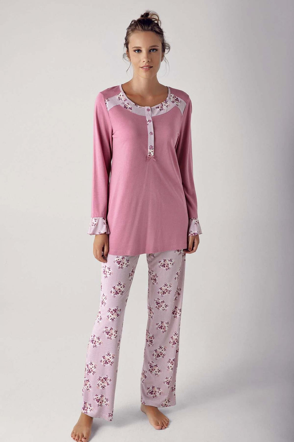 Artış Kadın Uzun Kollu Bisiklet Yaka Çiçek Desenli Pijama Takımı