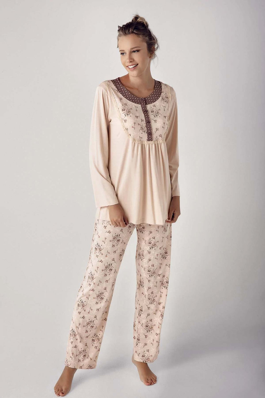 Artış Kadın Uzun Kollu Çiçek Desenli İşlemeli Modal Pijama Takımı