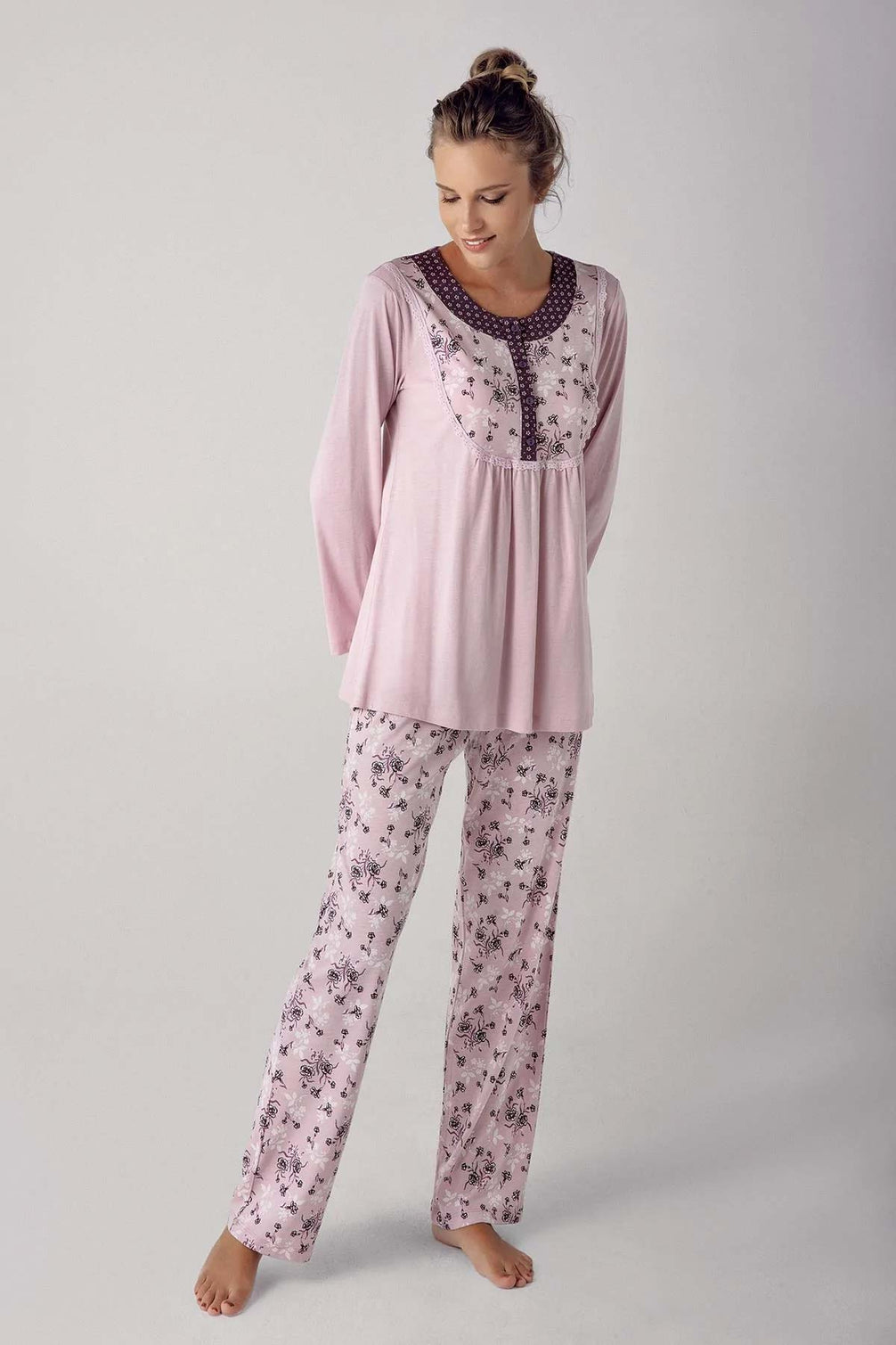Artış Kadın Uzun Kollu Çiçek Desenli İşlemeli Modal Pijama Takımı