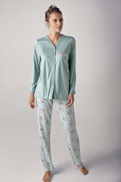 Artış Kadın Uzun Kollu V Yaka İşlemeli Çiçek Desenli Pijama Takımı