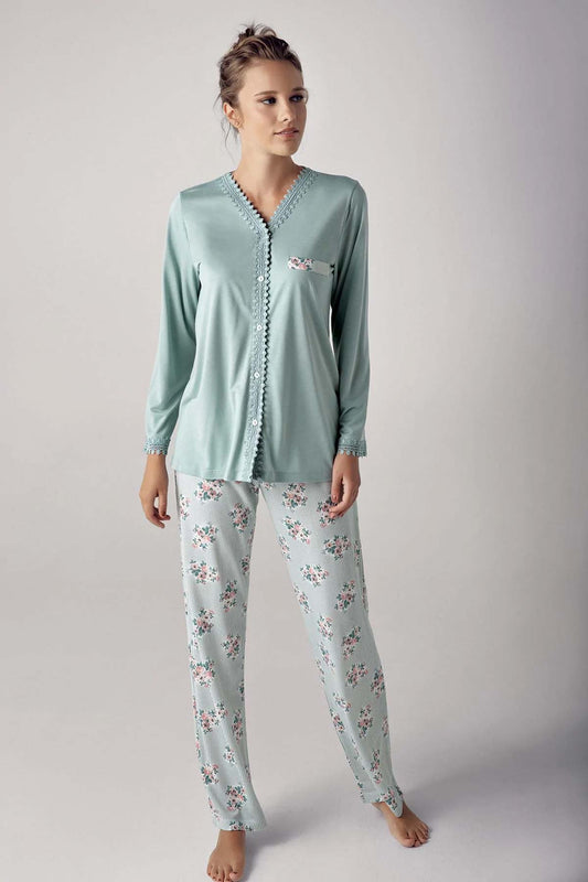 Artış Kadın Uzun Kollu V Yaka İşlemeli Çiçek Desenli Pijama Takımı