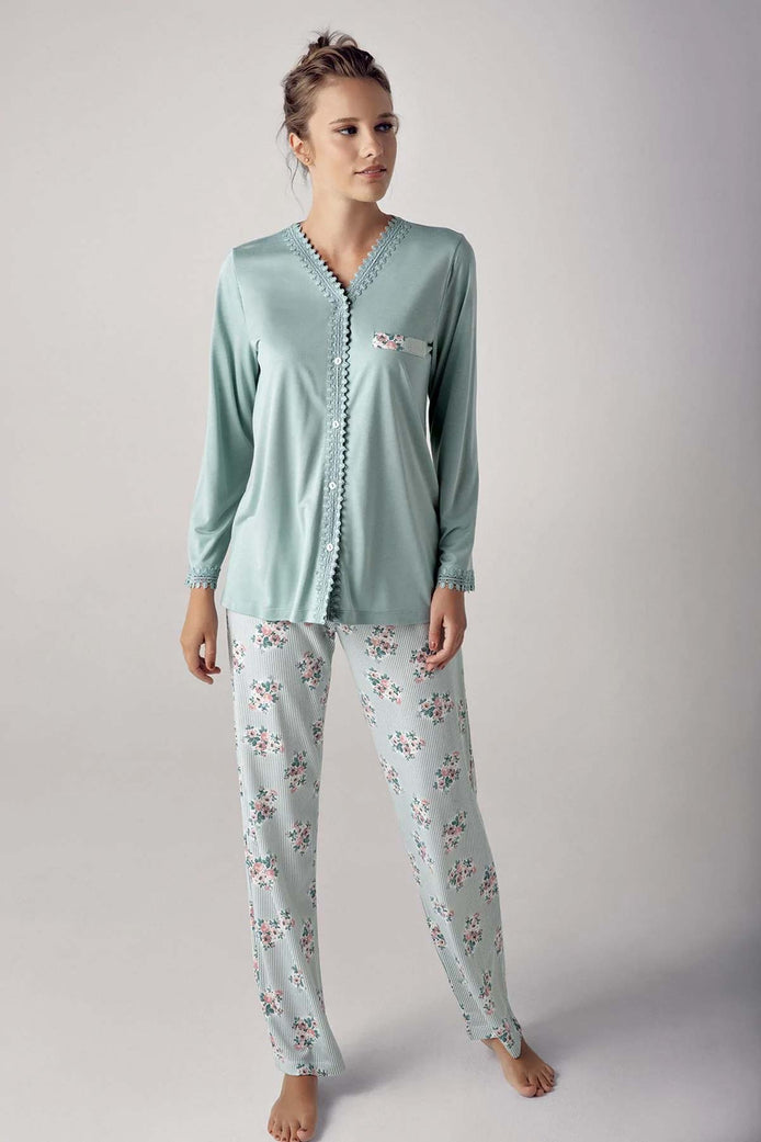 Artış Kadın Uzun Kollu V Yaka İşlemeli Çiçek Desenli Pijama Takımı