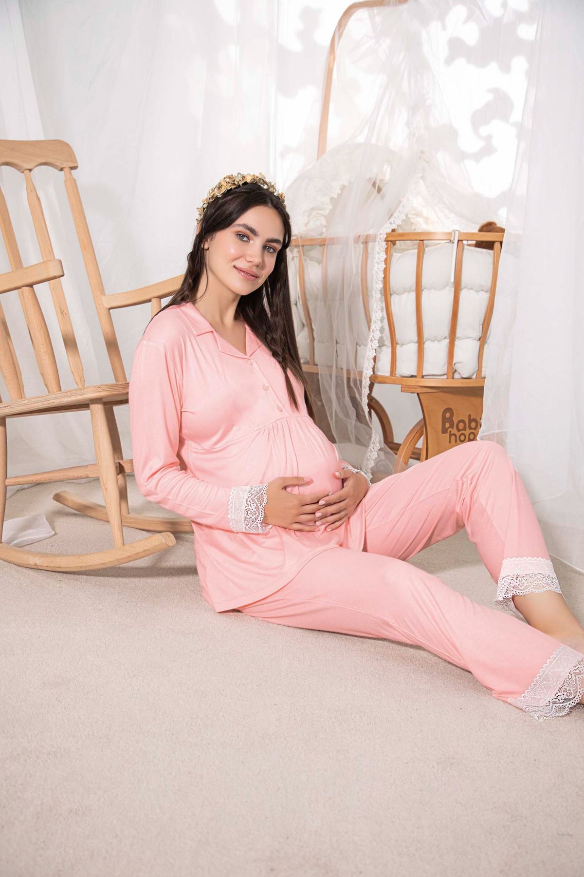 Aydoğan Kadın Hamile Pijama Takımı Pembe Gömlek Yakalı