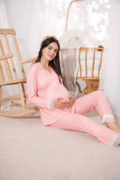 Aydoğan Kadın Hamile Pijama Takımı Pembe Gömlek Yakalı