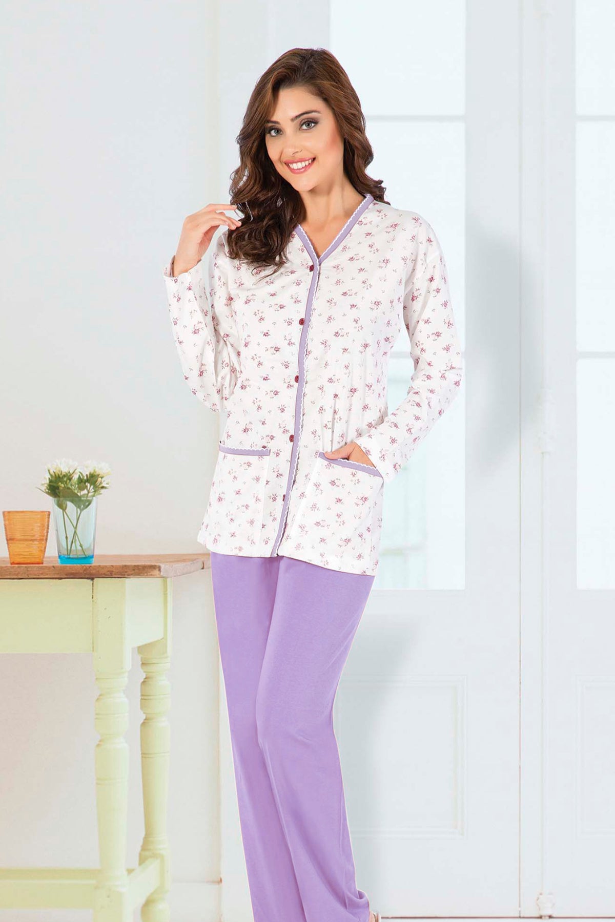 Aydoğan Kadın Pijama Takımı Gömlek Yaka Uzun Kol Büyük Beden Pamuklu