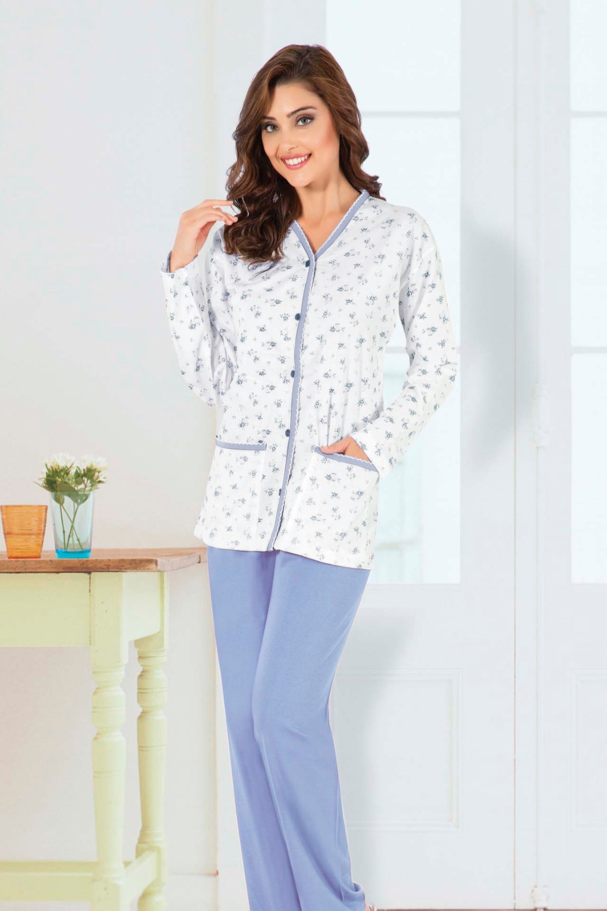 Aydoğan Kadın Pijama Takımı Gömlek Yaka Uzun Kol Büyük Beden Pamuklu