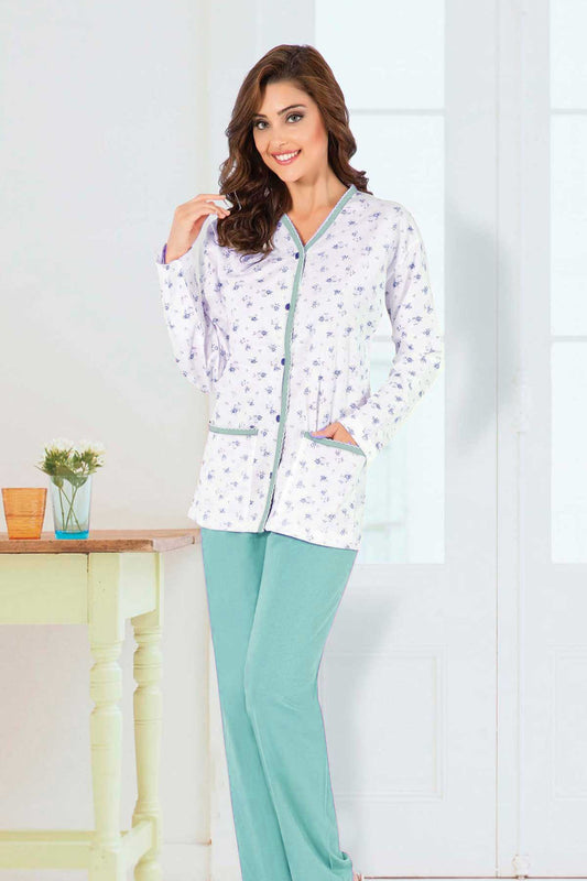 Aydoğan Kadın Pijama Takımı Gömlek Yaka Uzun Kol Desenli İnce Pamuklu
