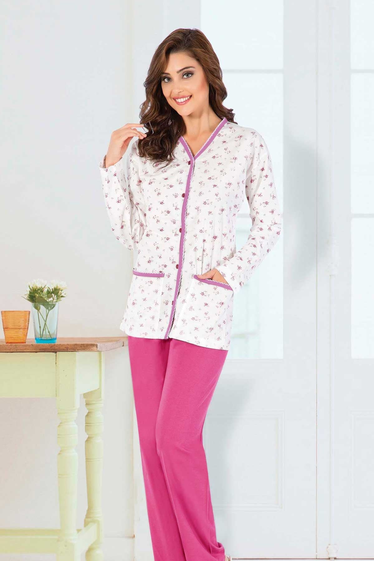 Aydoğan Kadın Pijama Takımı Gömlek Yaka Uzun Kol Desenli İnce Pamuklu