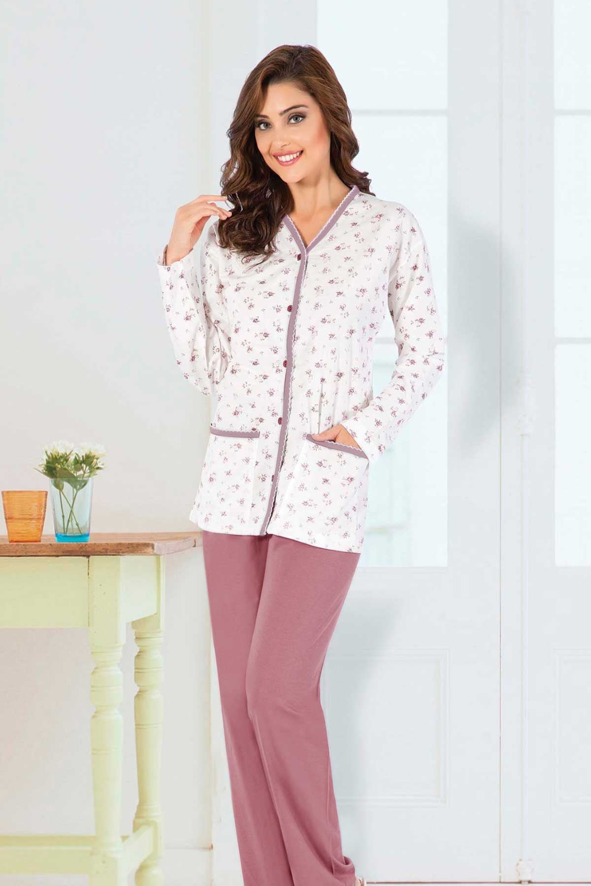 Aydoğan Kadın Pijama Takımı Gömlek Yaka Uzun Kol Desenli İnce Pamuklu