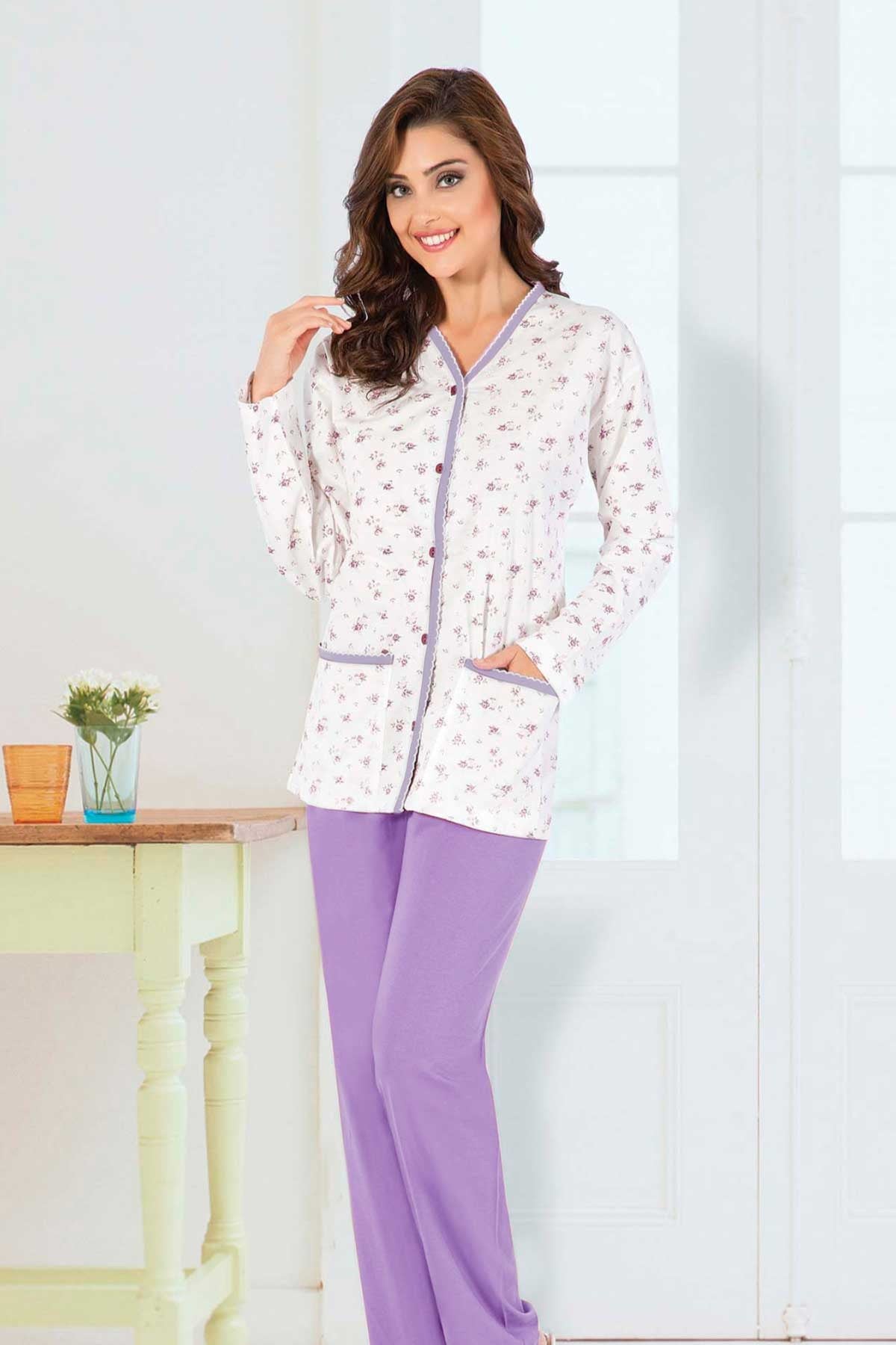 Aydoğan Kadın Pijama Takımı Gömlek Yaka Uzun Kol Desenli İnce Pamuklu