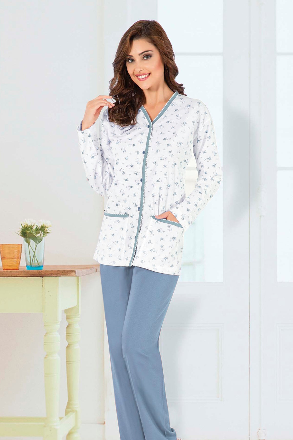 Aydoğan Kadın Pijama Takımı Gömlek Yaka Uzun Kol Desenli İnce Pamuklu