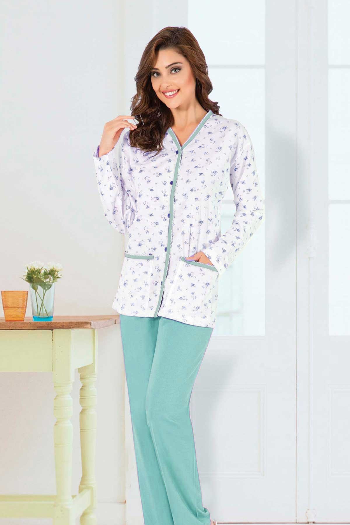 Aydoğan Kadın Pijama Takımı Gömlek Yaka Uzun Kol Desenli İnce Pamuklu