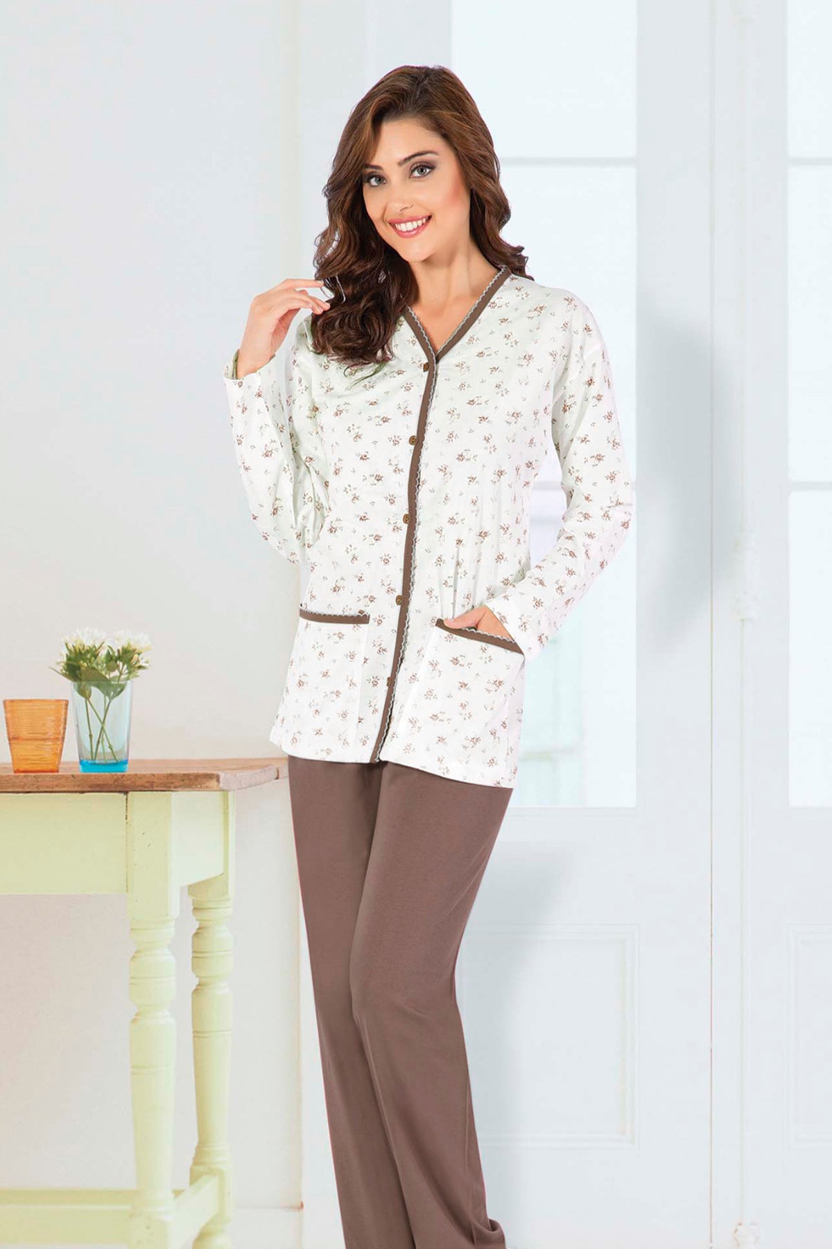 Aydoğan Kadın Pijama Takımı Gömlek Yaka Uzun Kol Desenli İnce Pamuklu