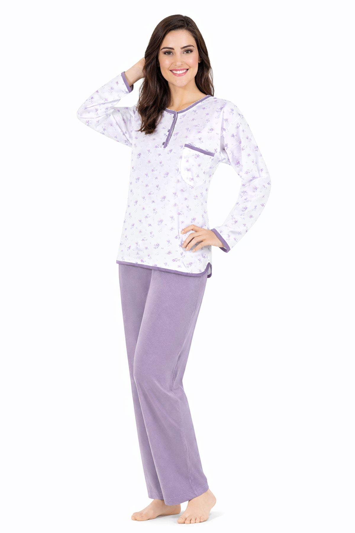 Aydoğan Kadın Pijama Takımı Patlı 3 Düğme Uzun Kol Büyük Beden  Pamuklu