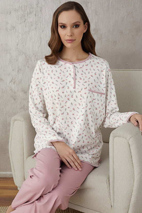 Aydoğan Kadın Pijama Takımı Patlı 3 Düğme Uzun Kol Büyük Beden  Pamuklu