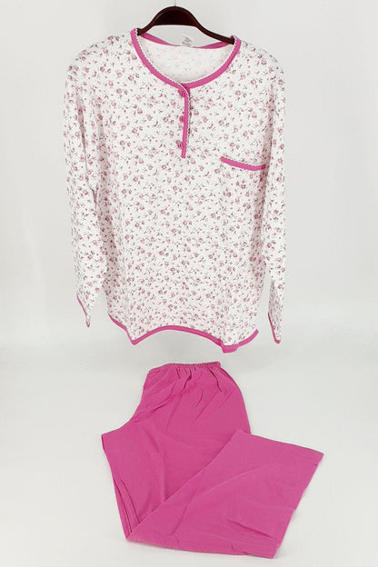 Aydoğan Kadın Pijama Takımı Patlı Uzun Kol 3 Düğme Desenli İnce Pamuklu