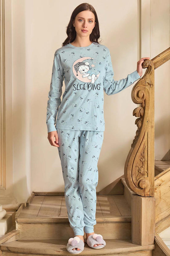 Aydoğan Kadın Pijama Takımı Uzun Kollu Bisiklet Yaka Desenli Ribana