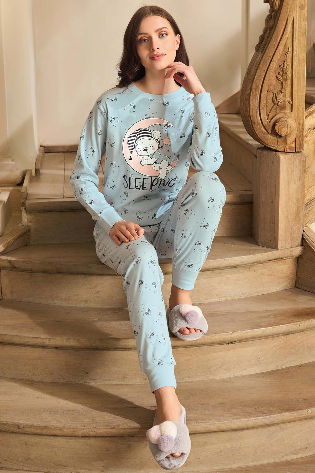 Aydoğan Kadın Pijama Takımı Uzun Kollu Bisiklet Yaka Desenli Ribana