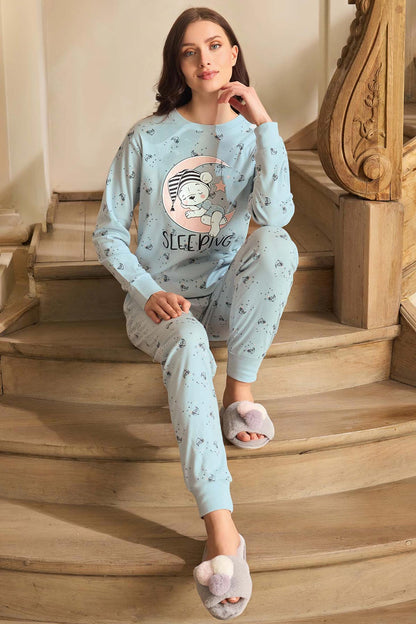 Aydoğan Kadın Pijama Takımı Uzun Kollu Bisiklet Yaka Desenli Ribana