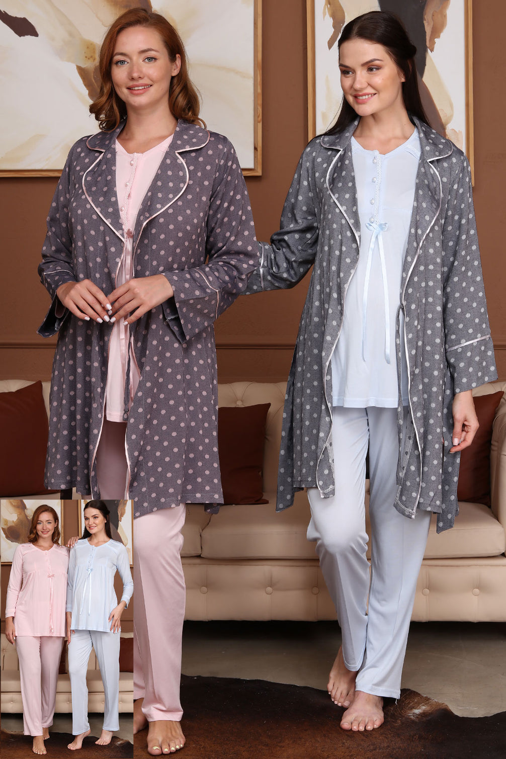 Bone Kadın 3'lü Lohusa Pijama Takımı Uzun Kollu