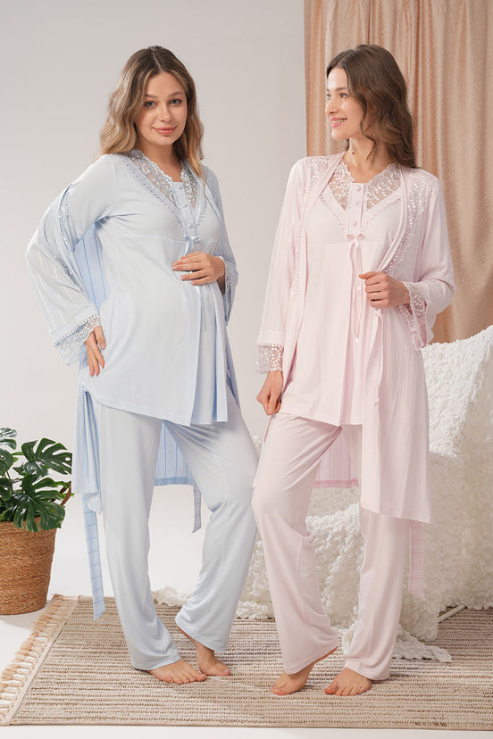 Bone Kadın Lohusa 3'lü Pijama Takımı Jakarlı Kolları Dantel Desenli