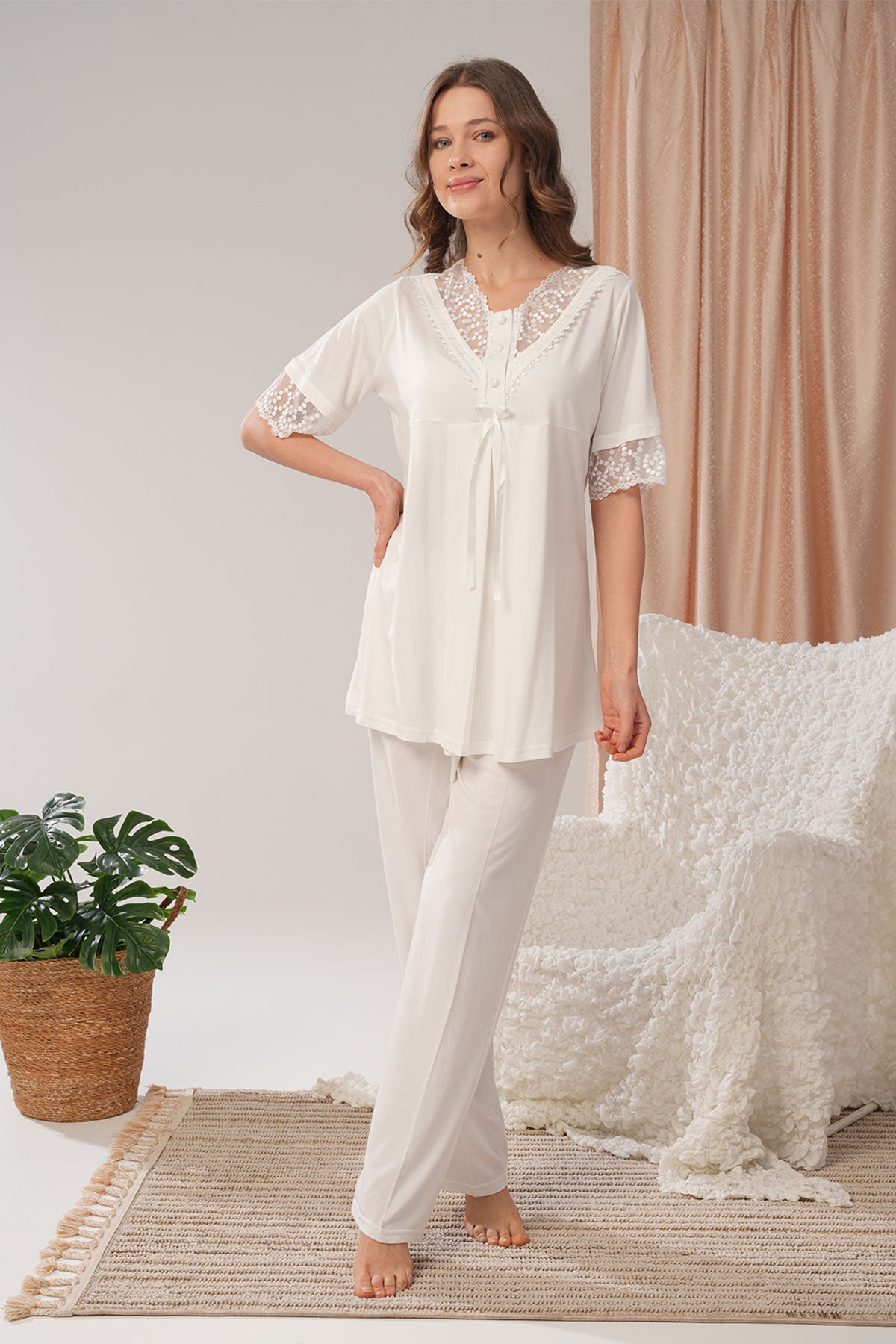 Bone Kadın Lohusa 3'lü Pijama Takımı Jakarlı Kolları Dantel Desenli
