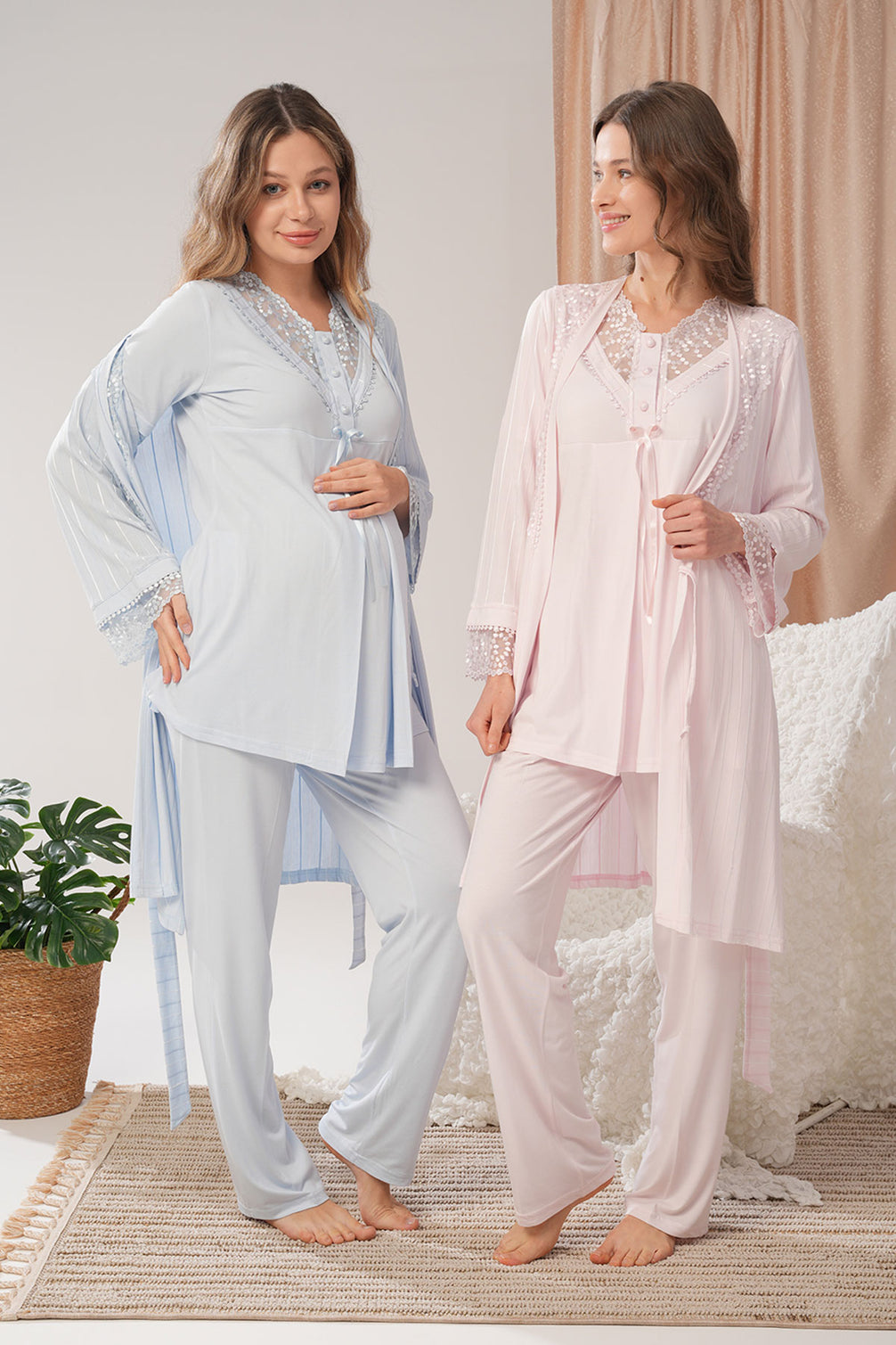 Bone Kadın Lohusa 3'lü Pijama Takımı Jakarlı Kolları Dantel Desenli