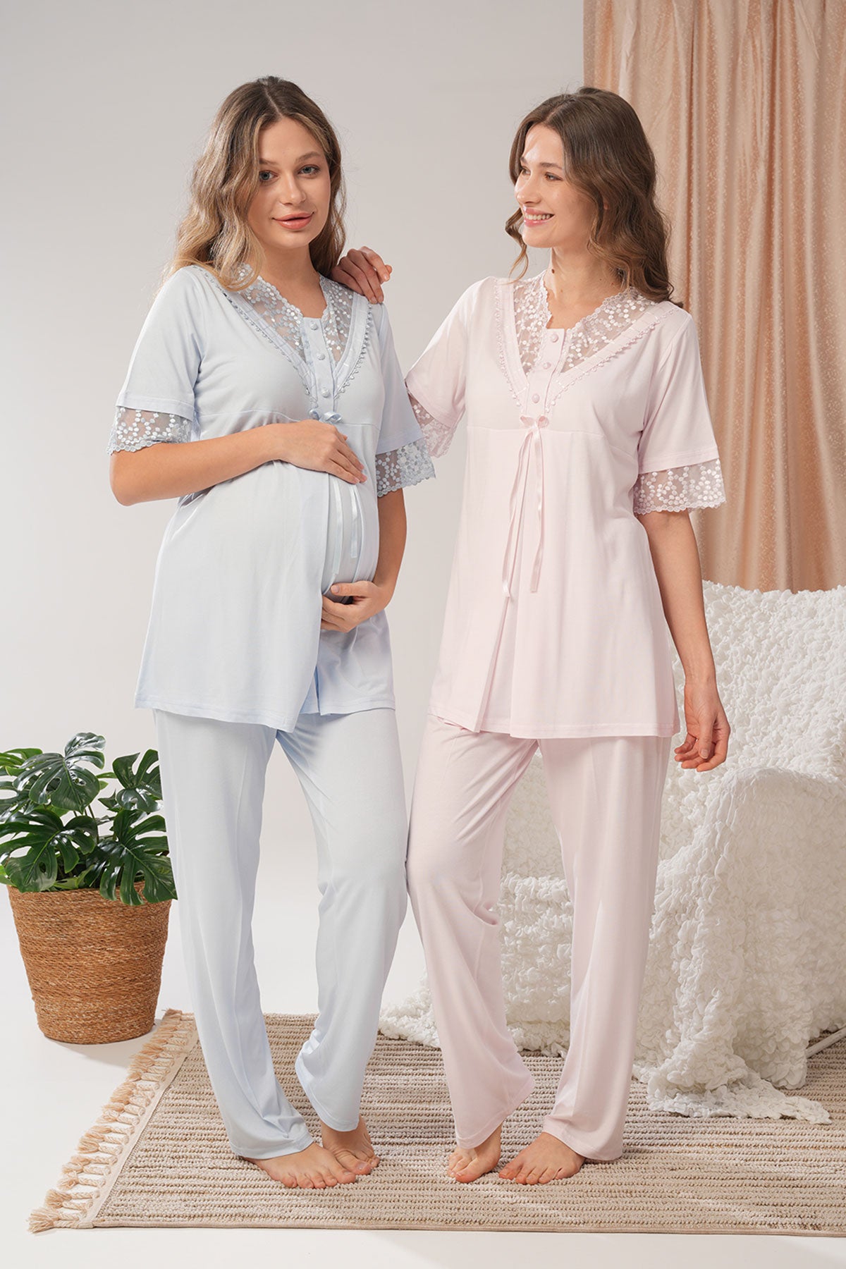 Bone Kadın Lohusa 3'lü Pijama Takımı Jakarlı Kolları Dantel Desenli