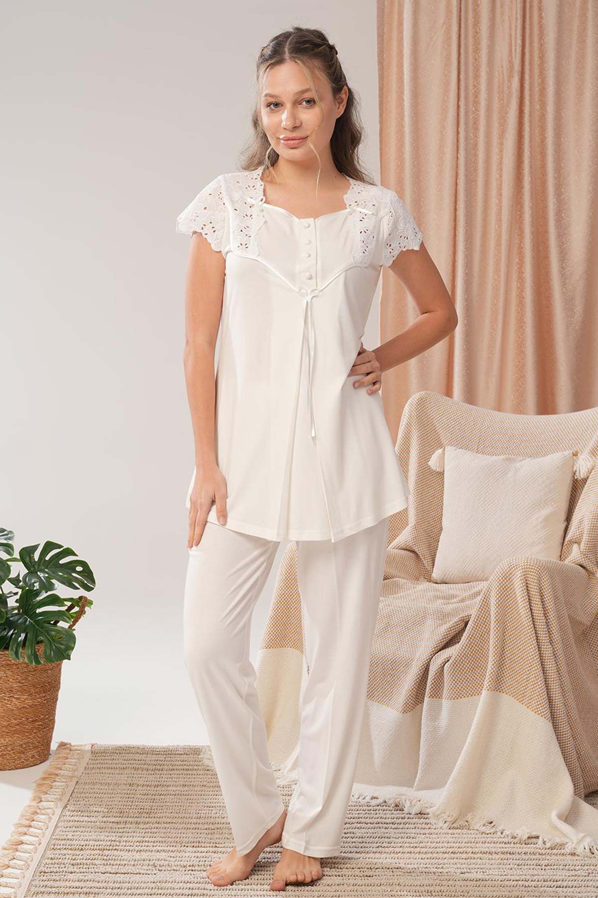 Bone Kadın Lohusa Pijama Sabahlık Takımı Kısa Kollu Vual